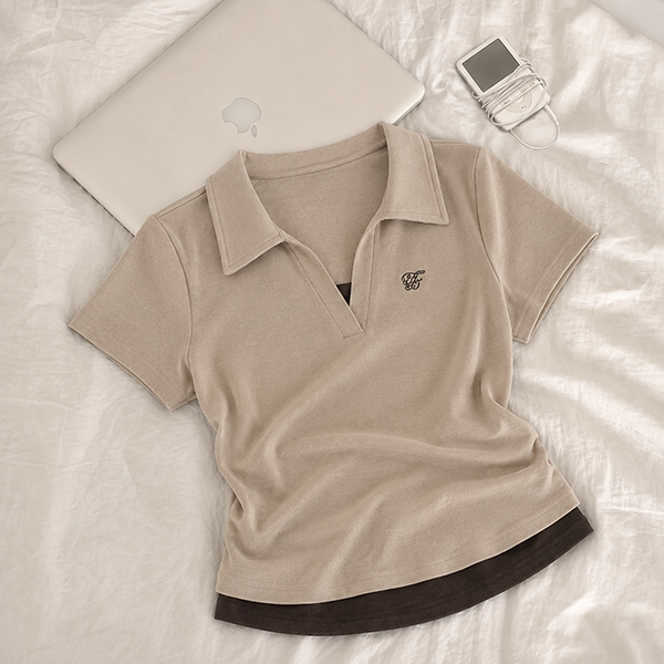 hijjoo（ハイチュー）の「[Shirring T-shirt🤍] Open collar polo layered short-sleeve (5 colors)（Tops）」