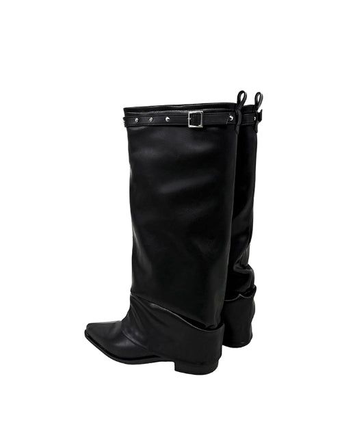 Stud Buckle Shirred Stiletto Long Boots