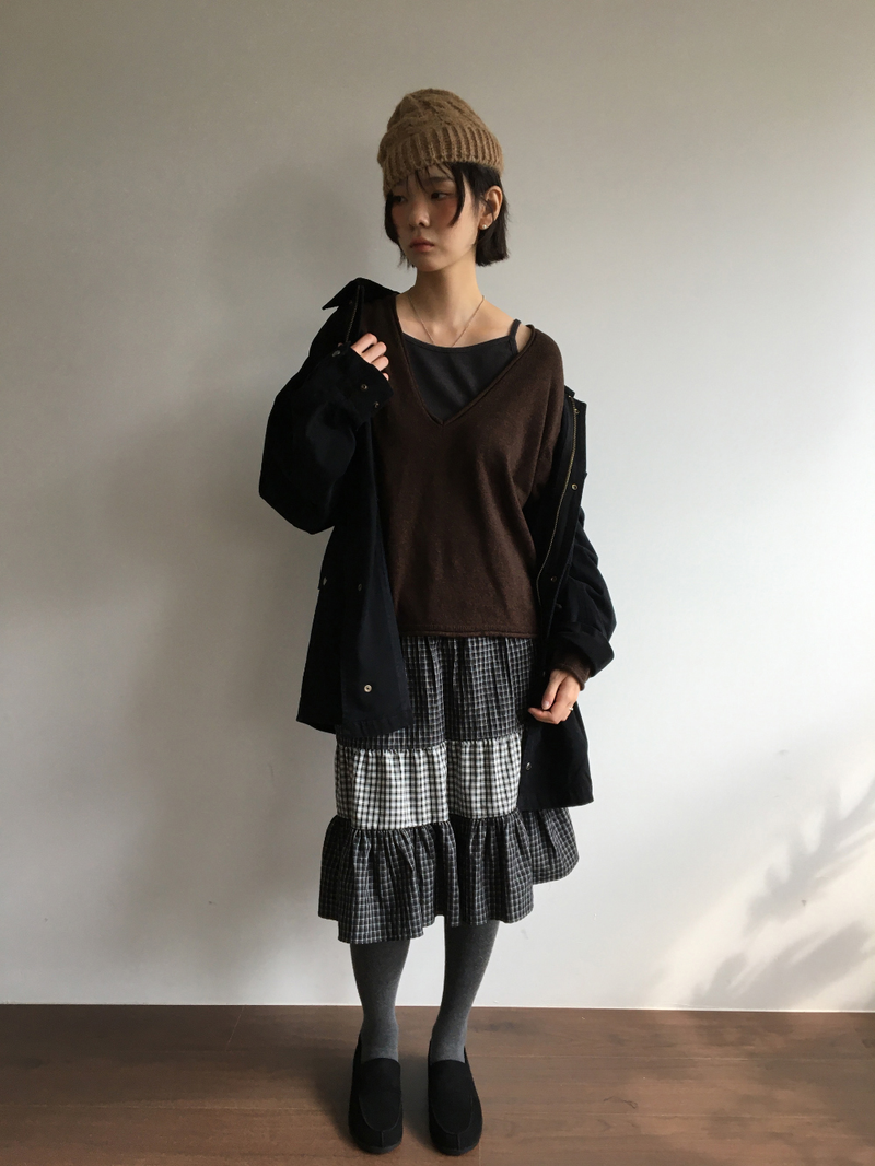 Fold check skirt (3color)