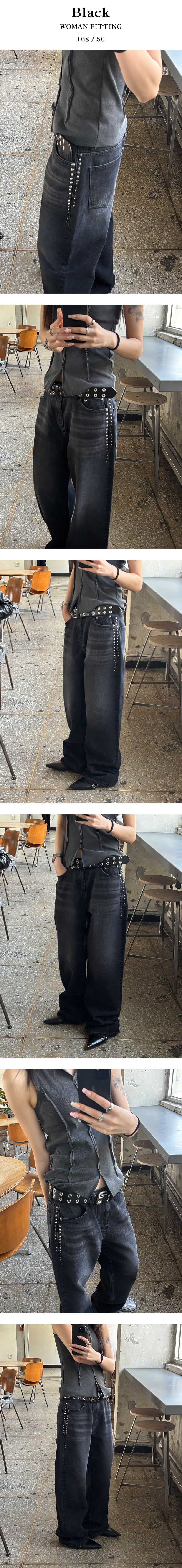 [Unisex] stud semi wide denim pants(2color)