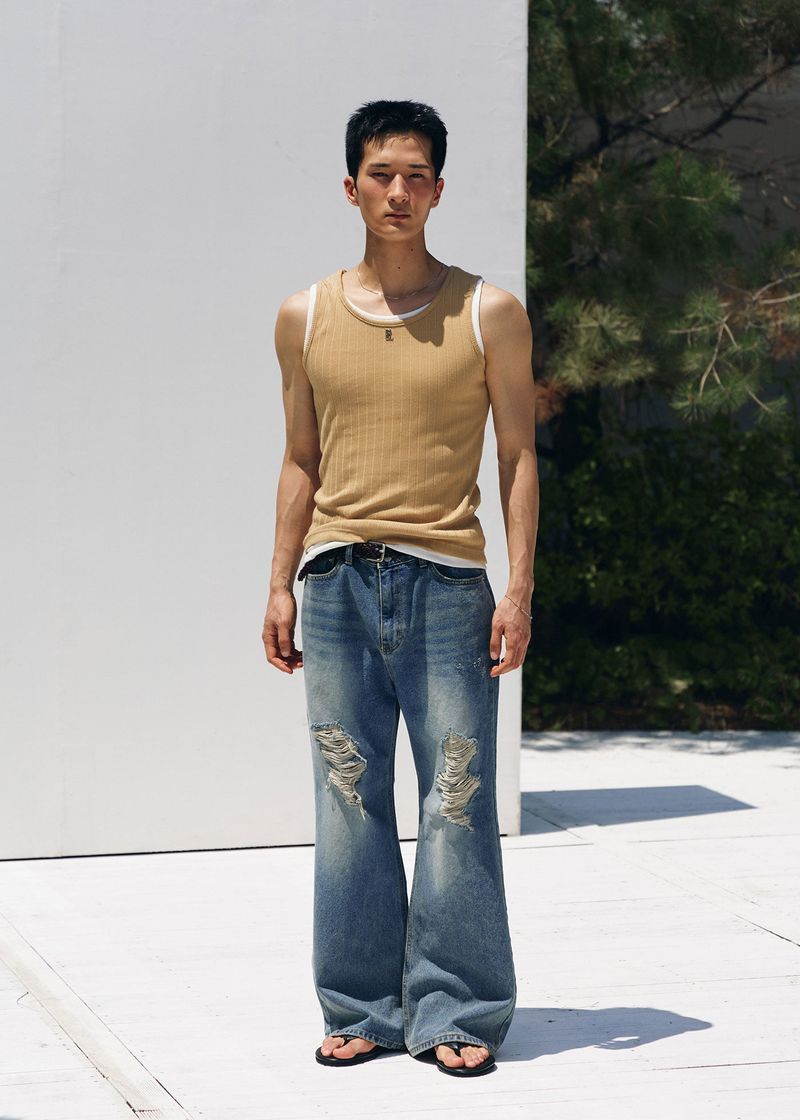 Tin washed damage flare denim pants(Blue)