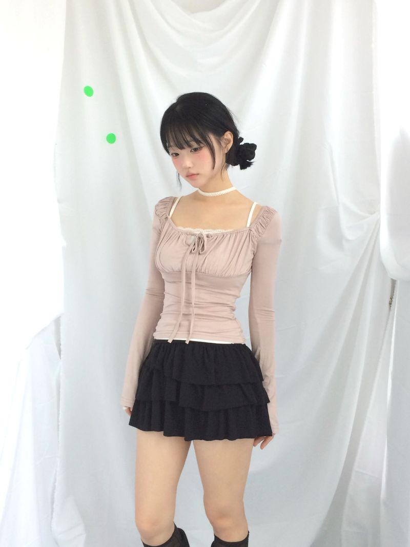 Slim Fit Ribbon Shirring Top