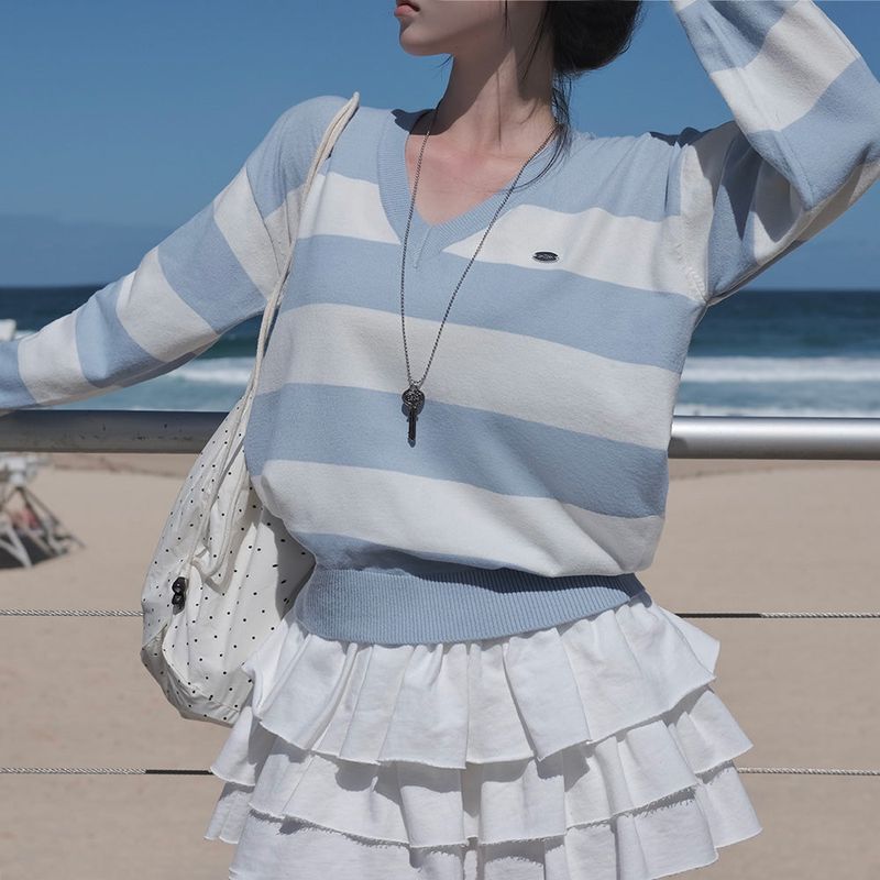 [MADE] striped deep V-neck knit