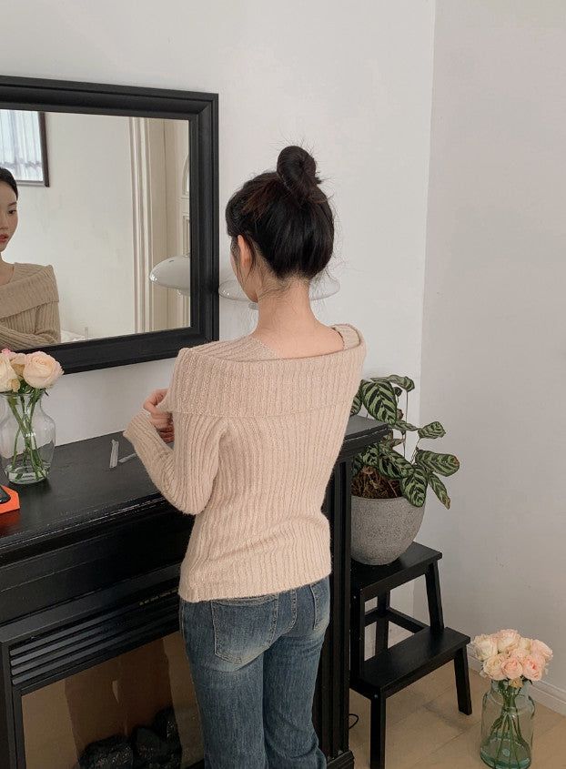 #Romantic Rib Off Shoulder Button Knit (3color)