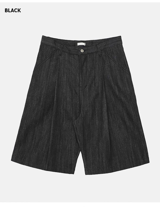 Pintuck Wide Raw Denim Bermuda Pants