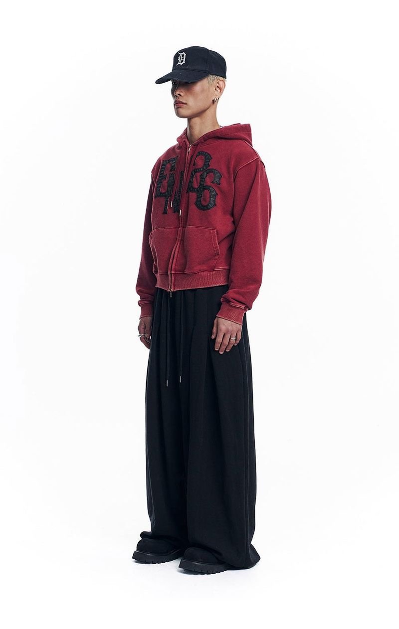Washed Leather Patch Hooded Zip-Up - Wine