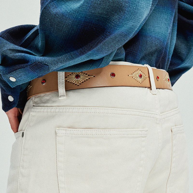 crystal stud & wax thread leather belt beige
