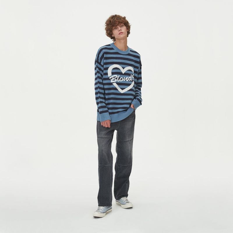 BLONDNINE(ブロンドナイン)の「STRIPE HEART ROUND NECK KNIT_BLUE(Tops)」