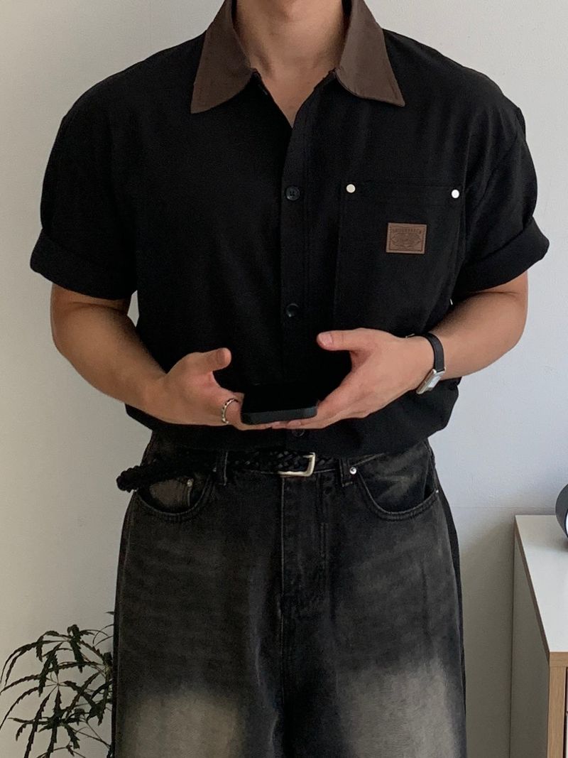 Linen-work short-sleeved shirt