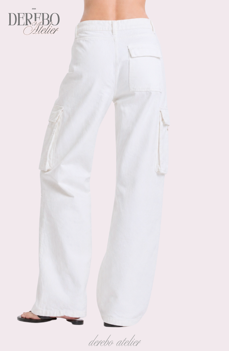 white wide pocket cotton casual pants