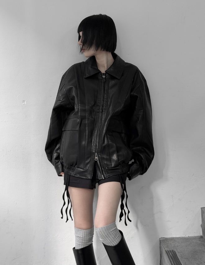 (unisex) Panel Deep Two-Way Leather Jacket