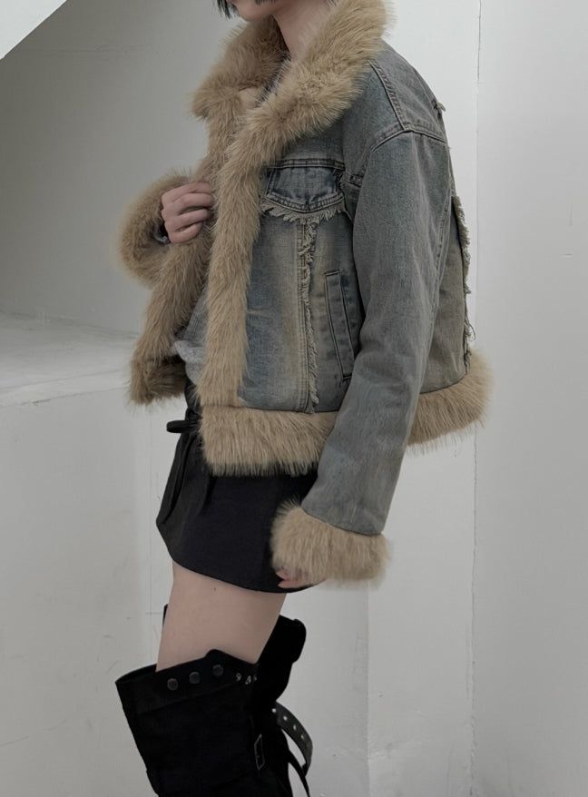 Fur trimmed quilted denim jacket