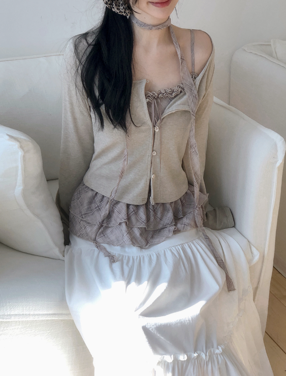 BN Check Frill Bustier + Cardigan + Tie Set (3color)