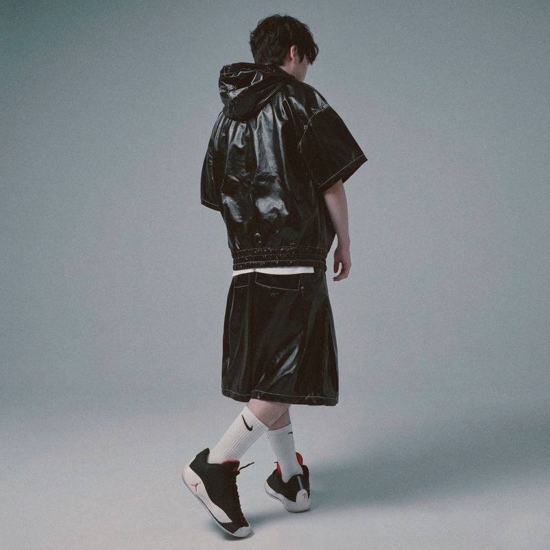 glossy faux leather hood zip-up hoodie_black