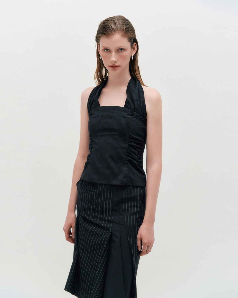 Wide Tie Stripe Halter Top _ BLACK