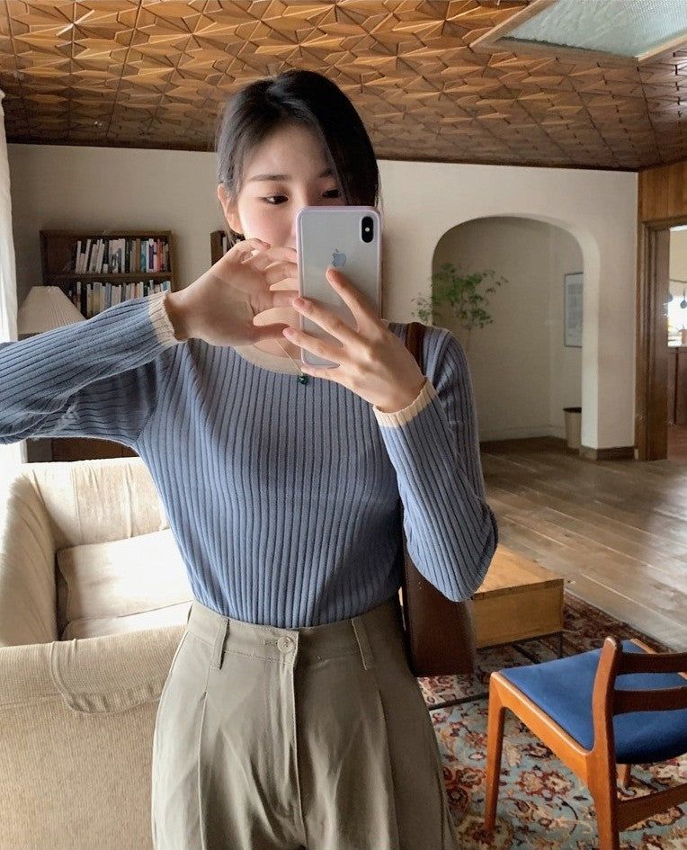 Slim Two Tone U-neck Rib Knit (6color)