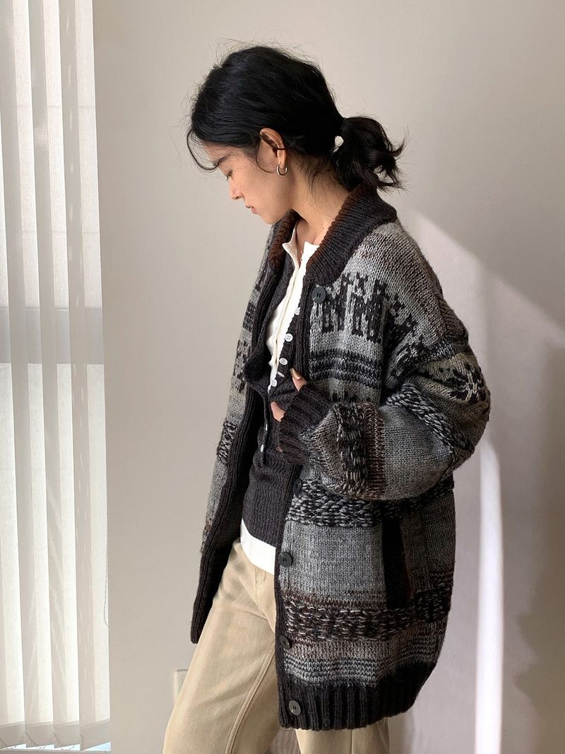 Deep green wool Nordic knit cardigan