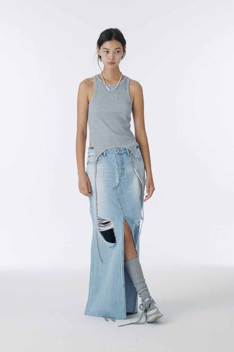 DAMAGED LONG DENIM SKIRT (BLUE)