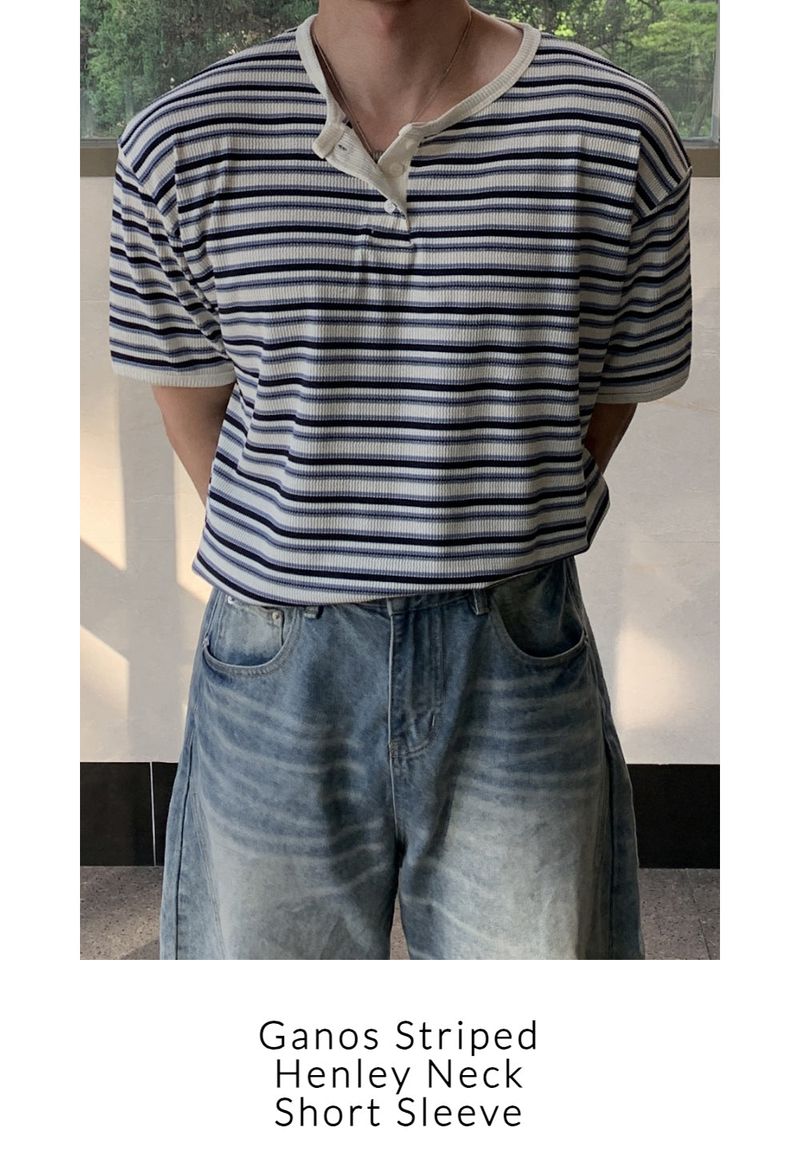 Mensfloor（メンズフロア）の「Ganos stripe henley neck short sleeve t-shirt（Tops）」