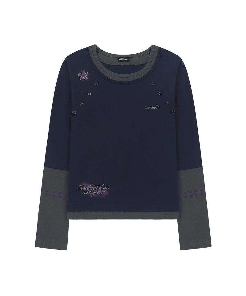 ODDSTUDIO（オッドスタジオ）の「Cutoff kitsch Graphic Layered Henley Neck Long Sleeve - NAVY（Tops）」