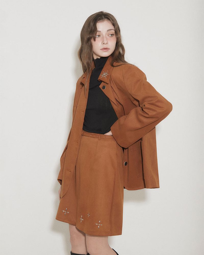 FAUX SUEDE STUDS MINI SKIRT [BROWN]