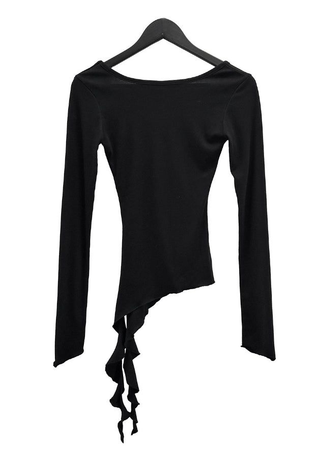 Frill Deep Round Neck Long Sleeve Tee