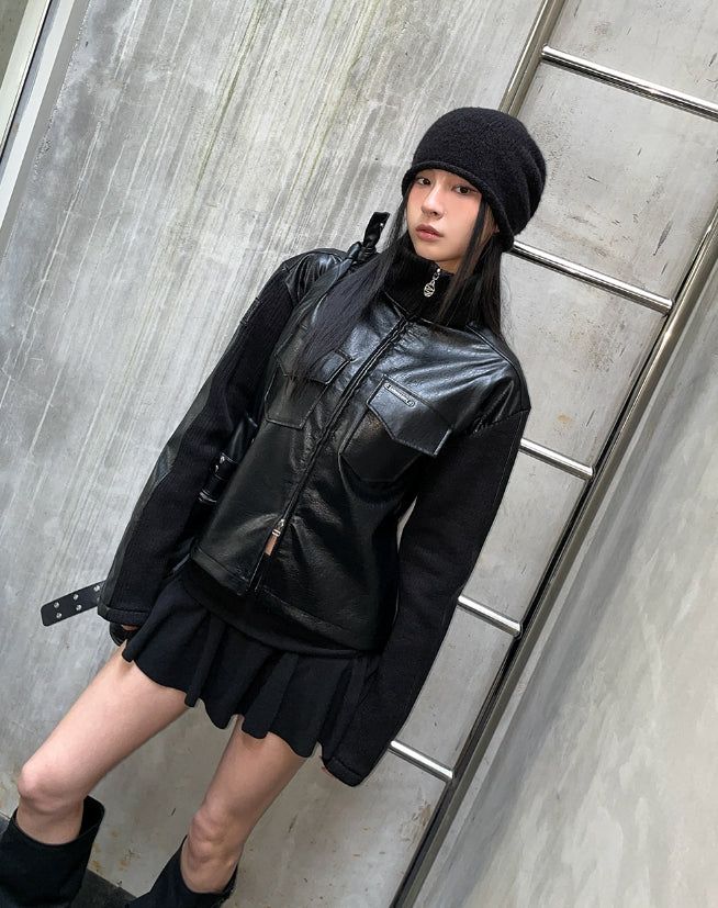 [LANARCH] Amber Leather Pocket Neck Zip-Up