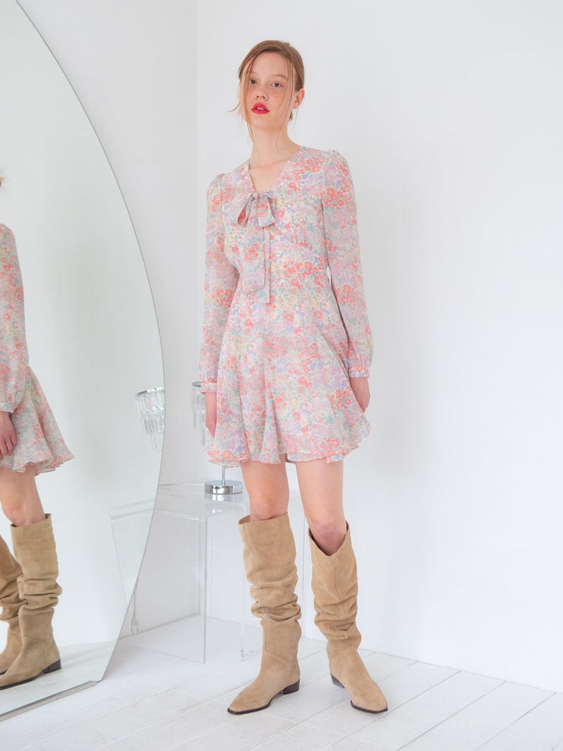 RIBBON TIED FLARE ONEPIECE_FLOWER PRINT