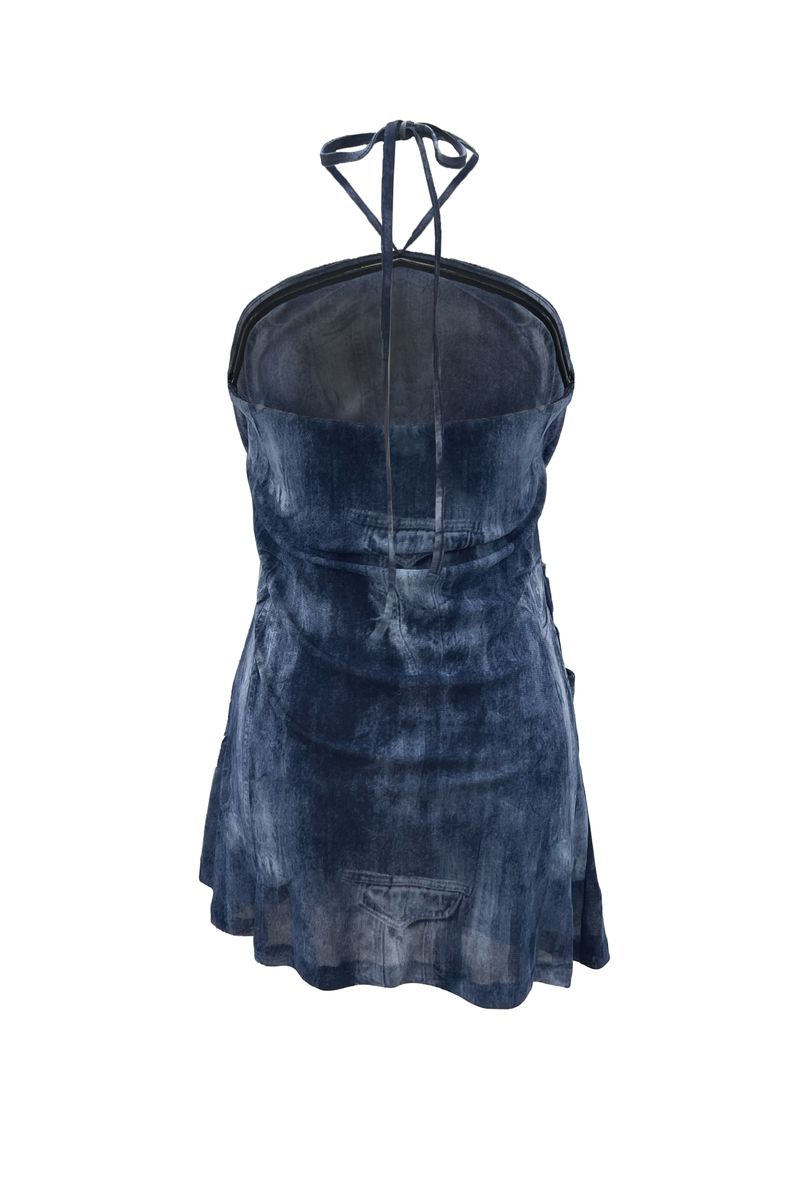 POCKET PRINTING HALTERNECK DRESS / BLUE