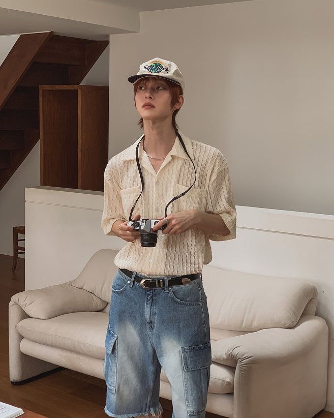 Wavy Open Collar Half Shirt