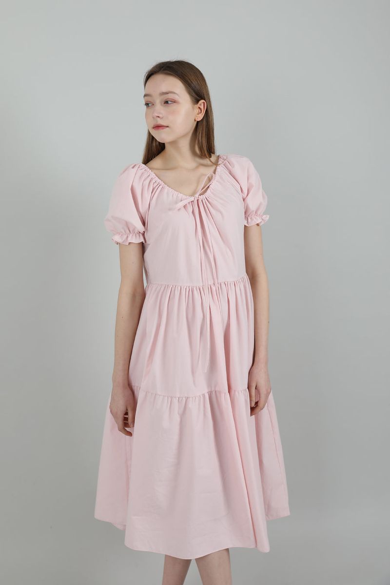 Romantic Shirring Long Onepiece Pink