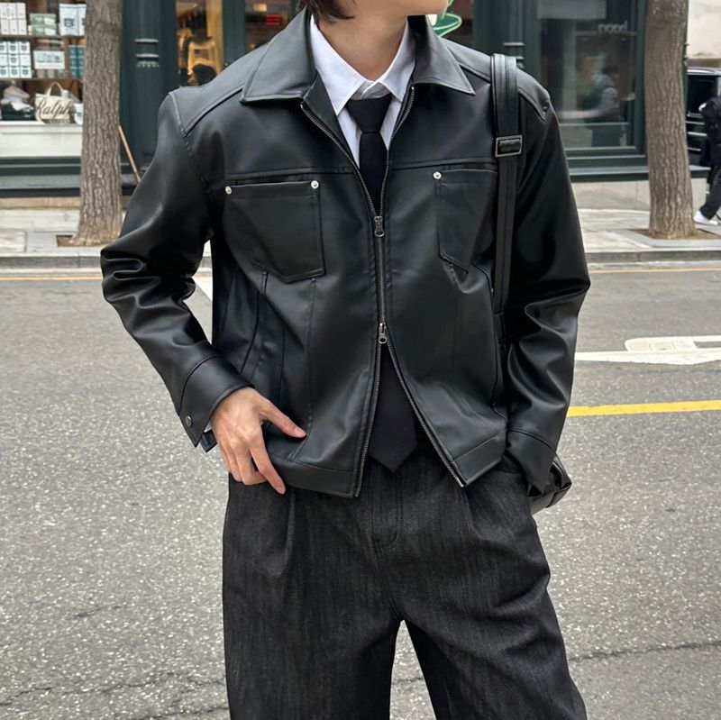LMN Rivet Tracker Short Leather Jacket (black)