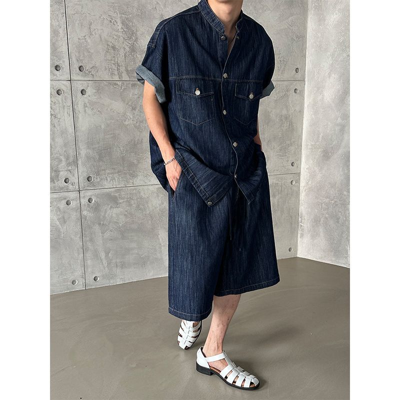 [SET UP] Round neck half denim shirts (2color)