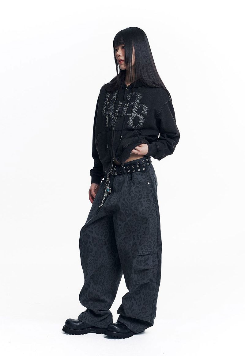 Washed Leather Patch Hooded Zip-Up - Black