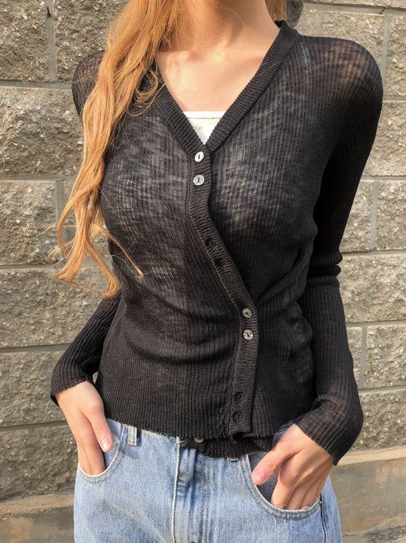 anyonemore（エニーワンモアー）の「Brun Two-Button See-through Ribbed Knit Cardigan（Tops）」