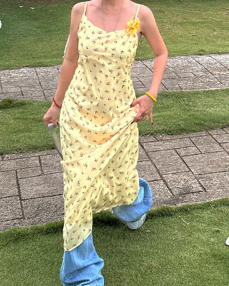 Lemon Flower Maxi Bustier Long Dress