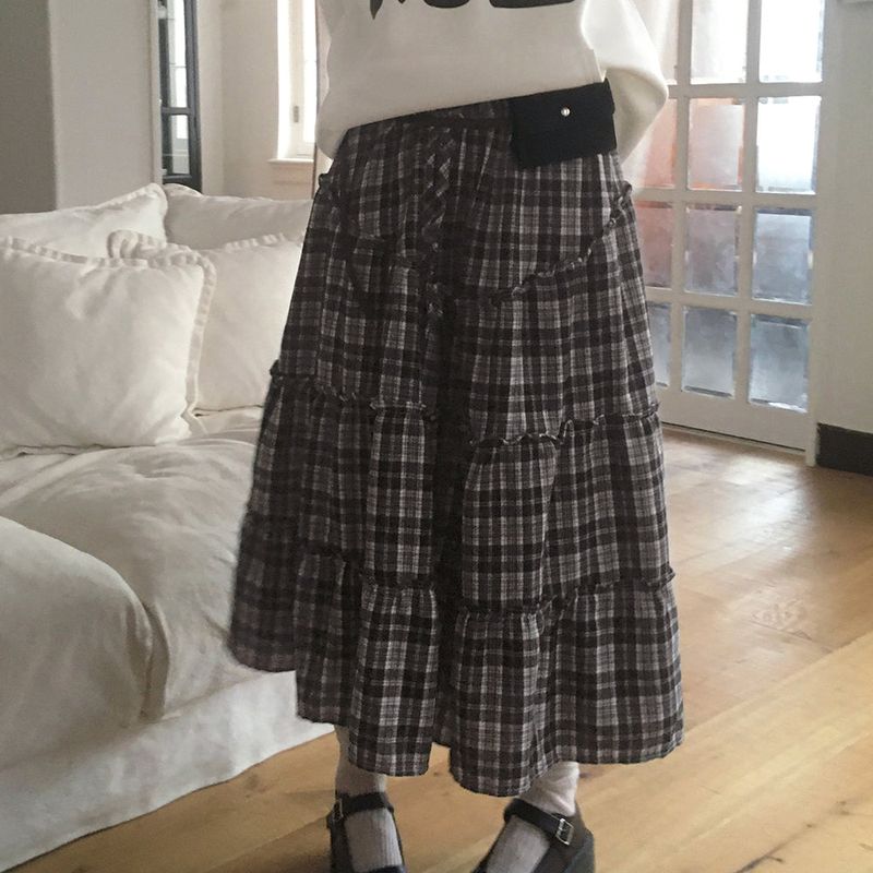 Solpa Checkered Flare Long Skirt