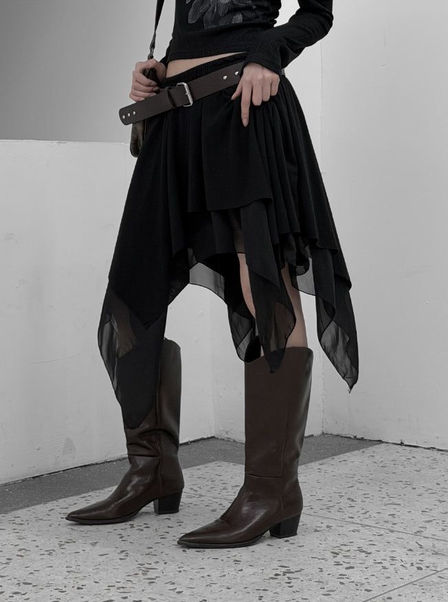Roach chiffon unbalanced flare skirt