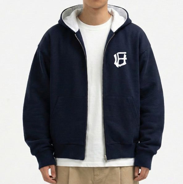 UNDEROFF（アンダーオフ）の「2-way Crop Fit UF Logo Hooded Zip-up Jumper Navy（Tops）」