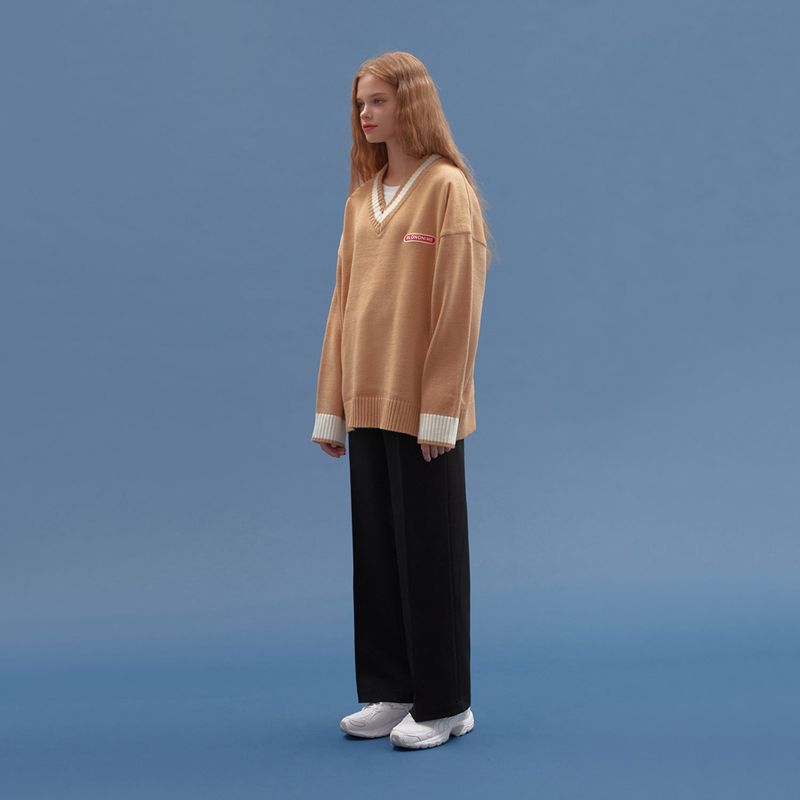 BASIC V NECK  KNIT SWEATER_BEIGE