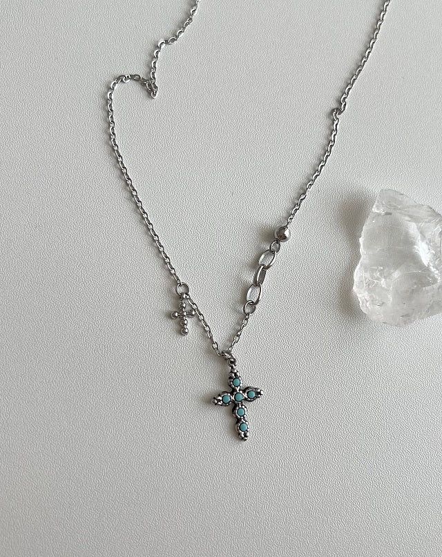 sif color twin cross turquoise vertical double ball short long layered gemstone necklace