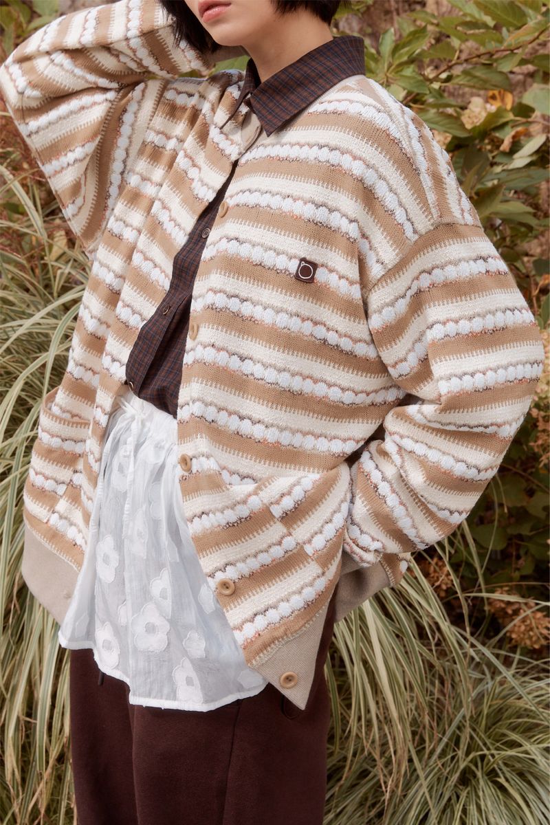 Alarm Loop Stripe Knit Cardigan - Beige