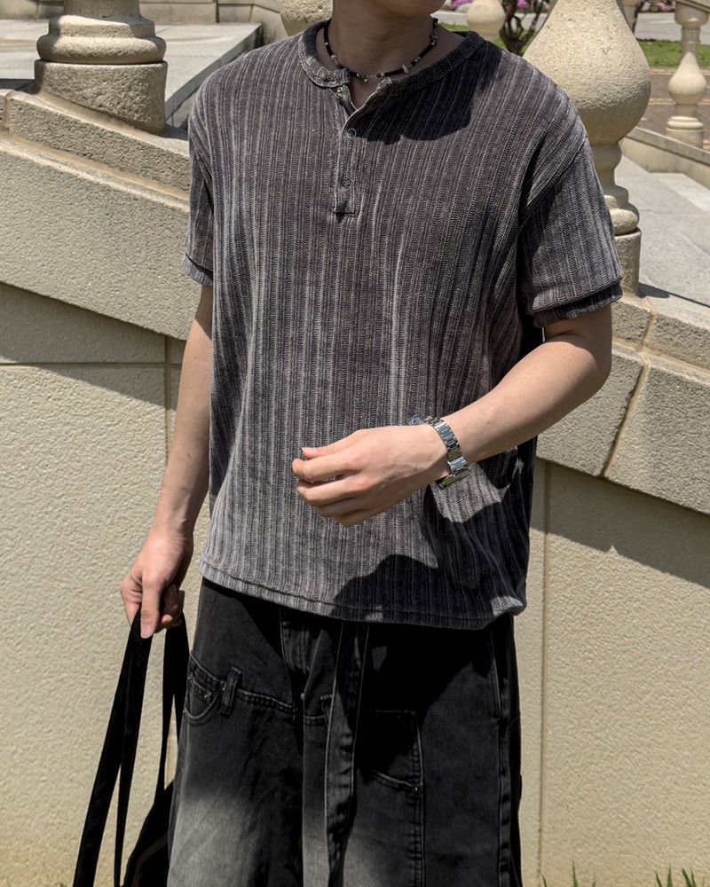 Boel Velour Ribbed Henley Short Sleeve