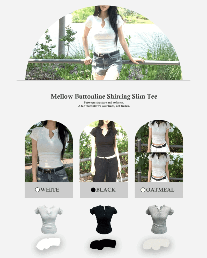 GUSTA（グスタ）の「 [🖤MD PICK] Mellow Button Line Basic Shirring Slim Fit Short Sleeve T-Shirt (3 colors)（Tops）」