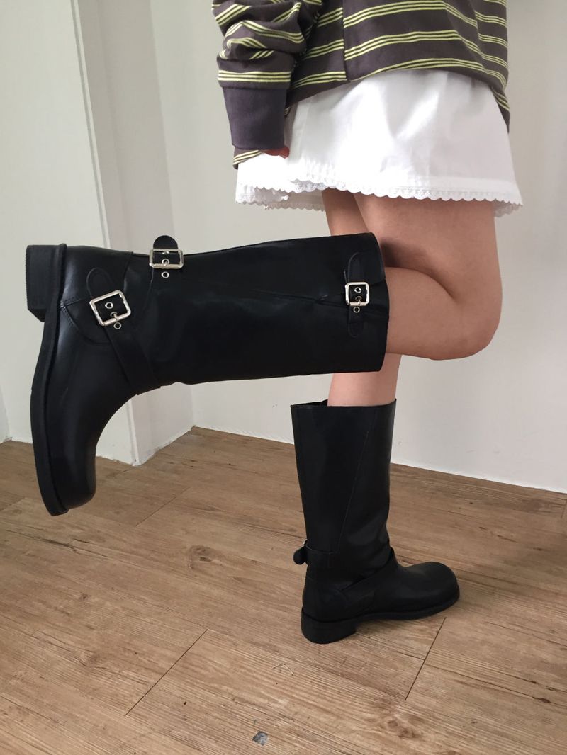 Buckle leather long boots (2color)