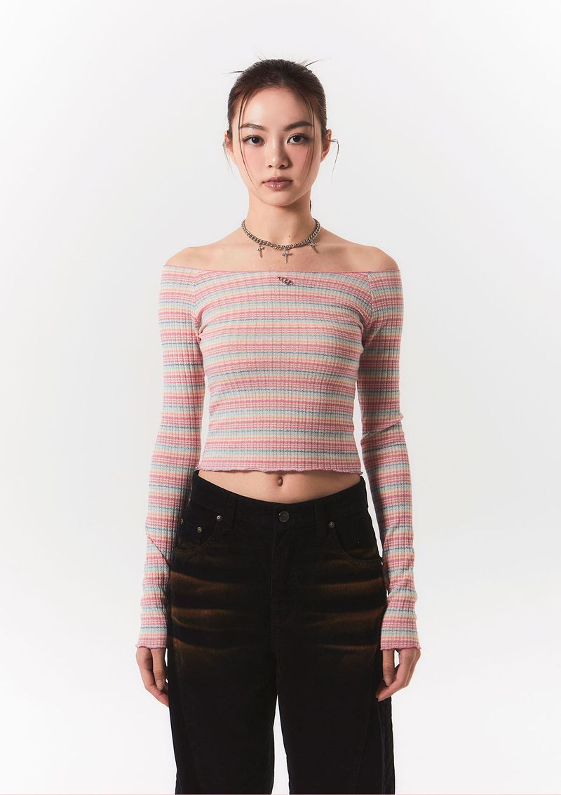 CHERRYQUIRI（チェリーキュリー）の「smooth off shoulder top - pink stripe（Tops）」