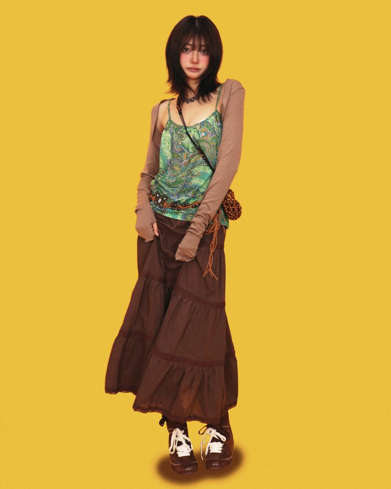 hippy wood long skirt