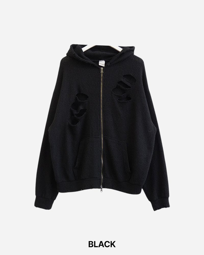 Broken Knit Hooded Zip-Up