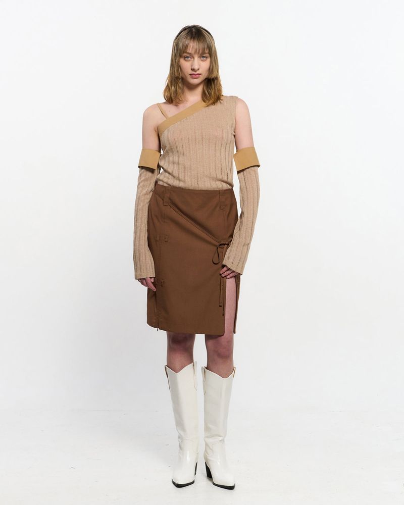  Detachable Sleeve One Shoulder Top _ BEIGE
