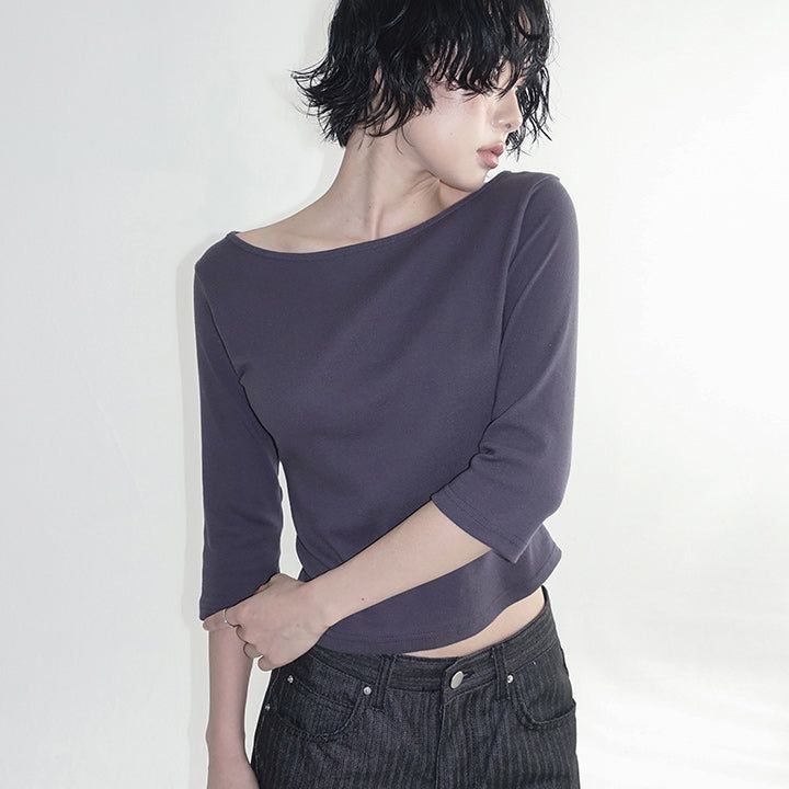  [Riabu] boat Neck Three-quarter sleeve cropped T-shirt - 4 color
